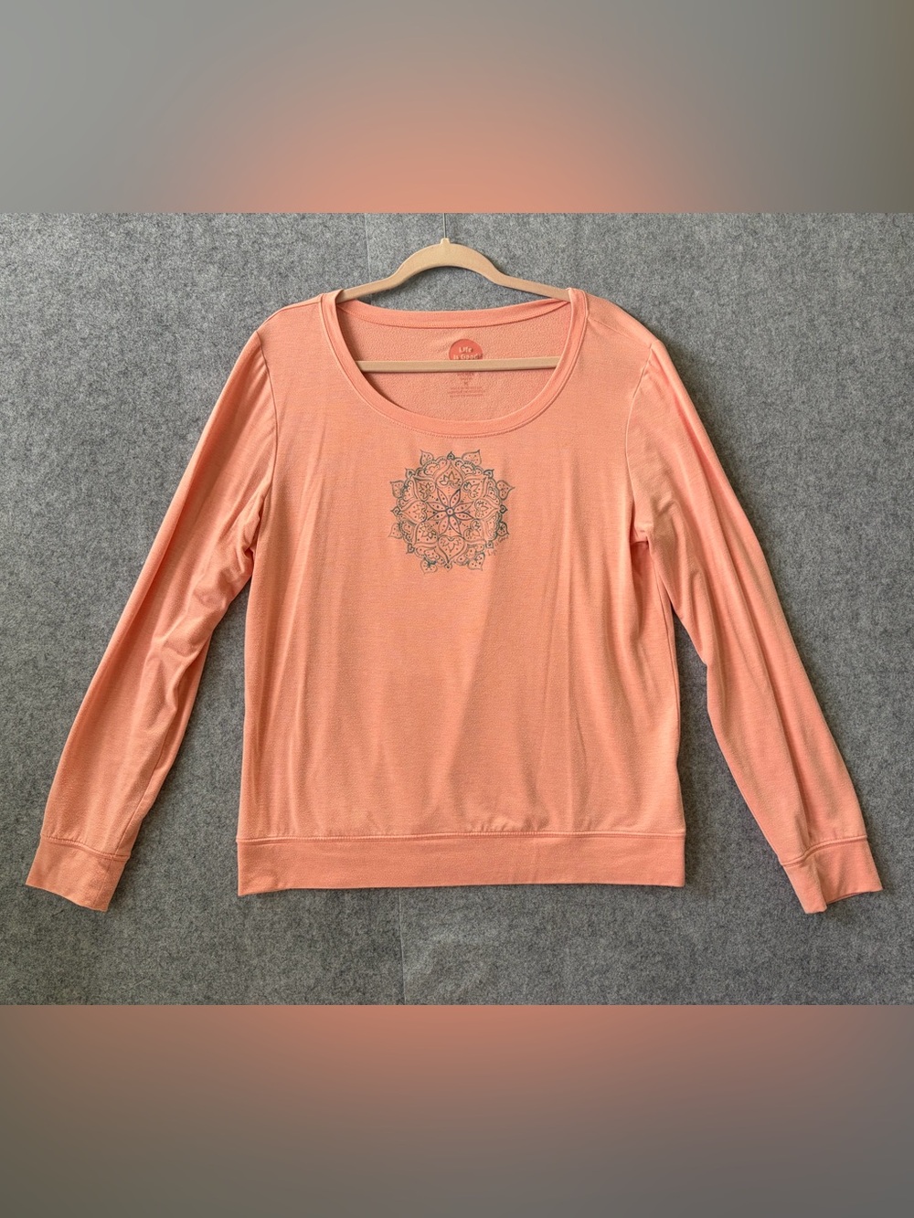 Life Is Good Women's Coral Scoop-Neck Long Sleeve Top with Center Mandala